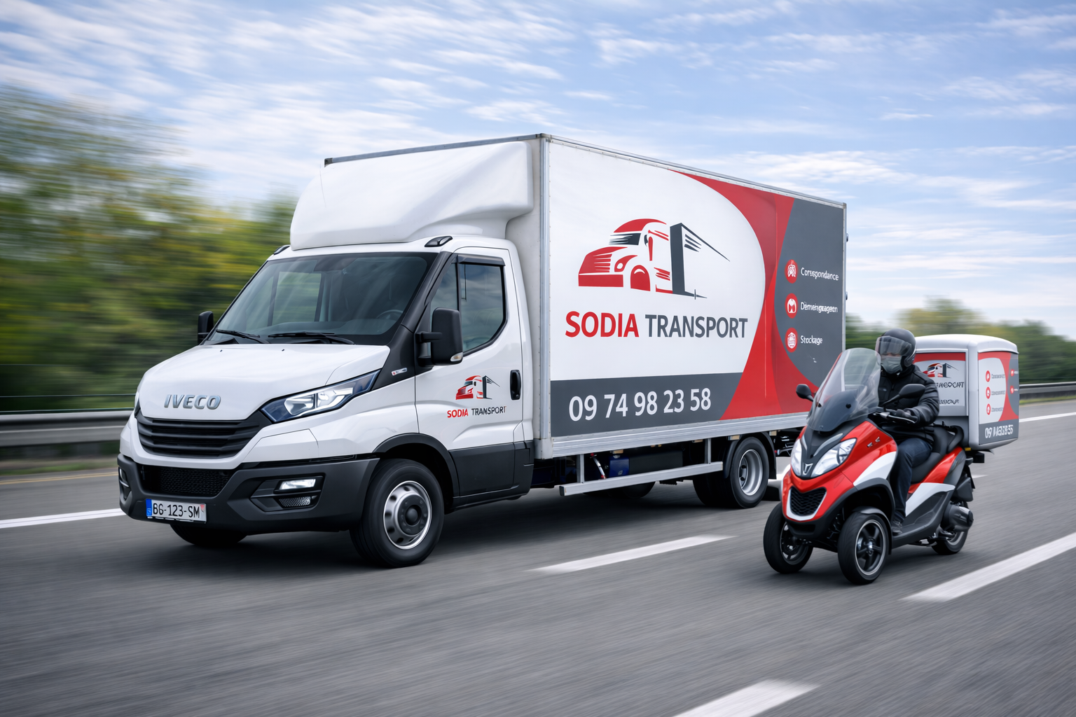 Camion et scooter SODIA Transport en livraison sur la route