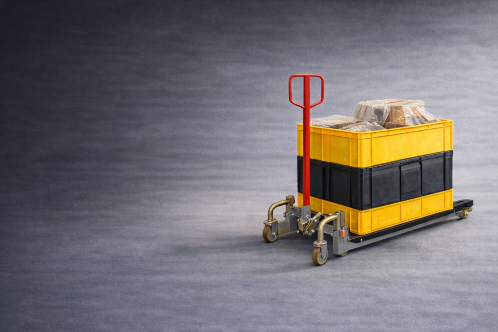 PAL BAC chargé de bacs, transpalette à géométrie variable SODIA Transport